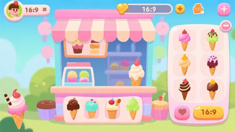 自动生成图片: Colorful ice cream shop interface with various flavors and toppings, cartoon style illustration, bright pastel colors, clean game UI design high quality illustration, detailed, 16:9