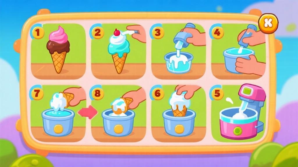 Step-by-step ice cream making process in game style, numbered sequence with clear actions, bright cheerful colors, cartoon illustration high quality illustration, detailed, 16:9