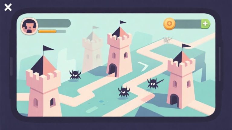 自动生成图片: Minimalist game interface illustration showing tower defense elements with soft color palette, clean geometric towers, abstract enemy paths, modern mobile game design style high quality illustration, detailed, 16:9