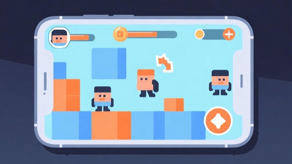 Minimalist game interface illustration showing character blocks and action elements, soft blue and orange color scheme, clean geometric design, mobile gaming concept high quality illustration, detailed, 16:9