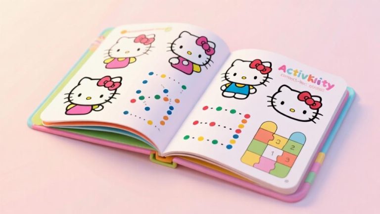 自动生成图片: A colorful Hello Kitty activity book open to various pages showing coloring activities, connect-the-dots, and simple puzzles, soft pastel background, child-friendly aesthetic high quality illustration, detailed, 16:9