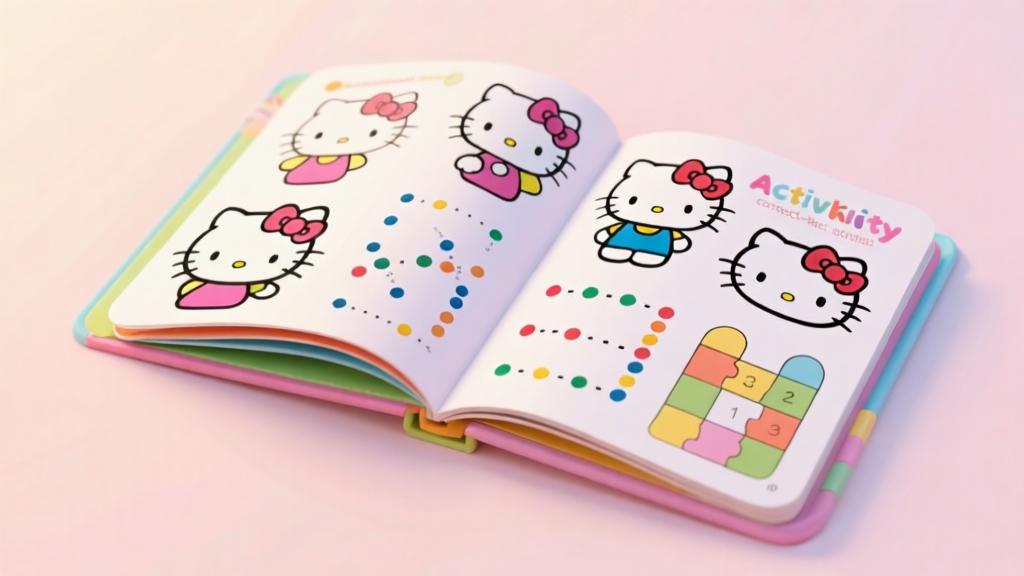 A colorful Hello Kitty activity book open to various pages showing coloring activities, connect-the-dots, and simple puzzles, soft pastel background, child-friendly aesthetic high quality illustration, detailed, 16:9