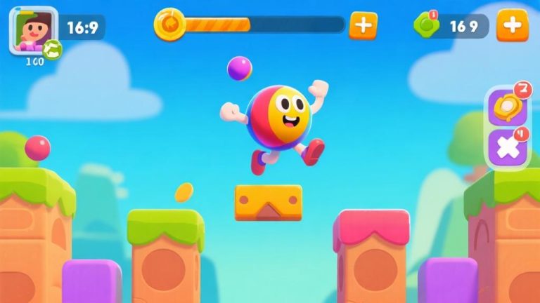 自动生成图片: Colorful mobile game interface showing a bouncing ball character jumping over obstacles, cartoon style with vibrant colors, clean game UI elements high quality illustration, detailed, 16:9