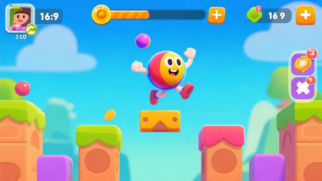 Colorful mobile game interface showing a bouncing ball character jumping over obstacles, cartoon style with vibrant colors, clean game UI elements high quality illustration, detailed, 16:9