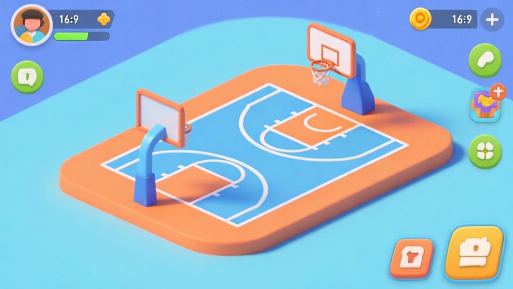 Modern mobile game interface showing colorful 3D basketball court with minimalist design, soft blue and orange color scheme, clean game elements arrangement high quality illustration, detailed, 16:9