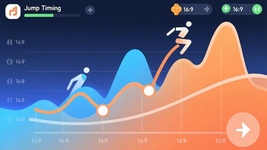Abstract visualization of jump timing mechanics with ascending arc lines, soft gradient from blue to orange, clean mobile game interface elements, professional sports analytics style high quality illustration, detailed, 16:9