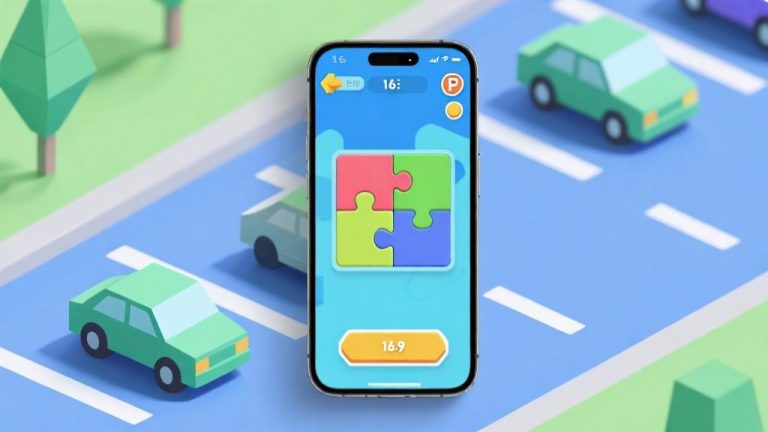 自动生成图片: Minimalist smartphone mockup showing colorful parking puzzle game interface, soft blue and green color scheme, clean geometric car icons, modern mobile game design high quality illustration, detailed, 16:9