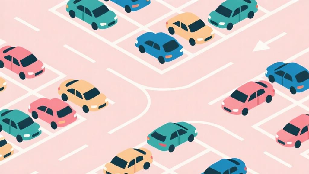 Abstract flowchart showing parking lot with colored cars in grid formation, soft pastel colors, clean lines showing movement patterns, minimalist puzzle diagram high quality illustration, detailed, 16:9