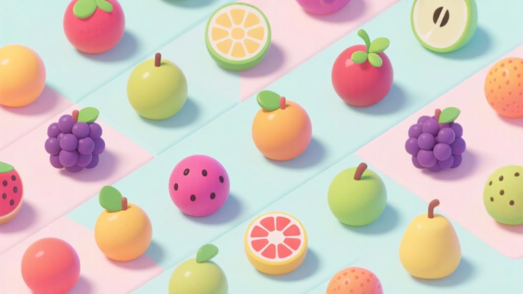 Colorful fruit balls arranged in geometric patterns, soft pastel background, clean mobile game interface design, minimalist style with juicy fruit elements high quality illustration, detailed, 16:9