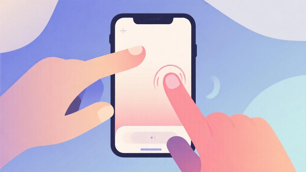 Abstract illustration of hand gestures on mobile screen, showing tap and drag movements, soft color transitions, minimalist design with focus on interaction flow high quality illustration, detailed, 16:9