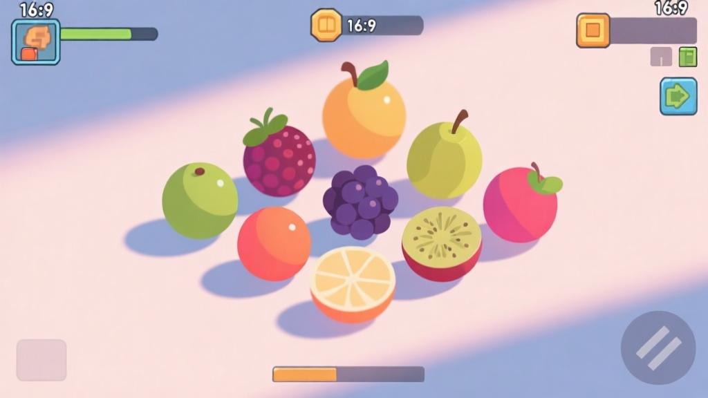 Colorful fruit balls arrangement in minimalist style, soft pastel background with gentle shadows, clean gaming interface illustration, casual mobile game aesthetic high quality illustration, detailed, 16:9