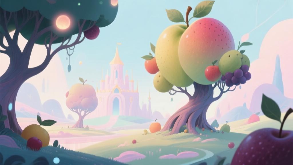 Abstract kingdom of fruits concept art, magical fruit trees with soft glow, fantasy landscape in pastel colors, minimalist storybook style high quality illustration, detailed, 16:9