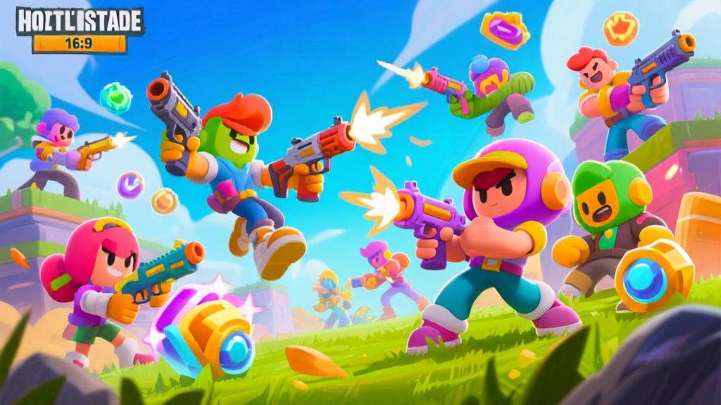 Vibrant battle royale game scene with colorful cartoon characters, dynamic action poses, multiple weapons and power-ups, bright color palette, cartoonish visual style high quality illustration, detailed, 16:9