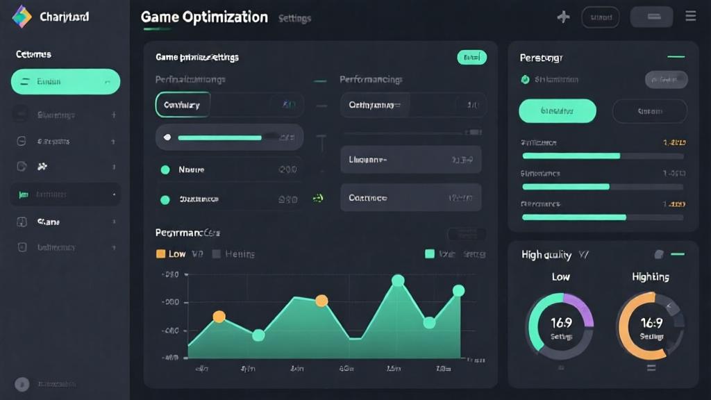 Technical diagram showing game optimization settings, performance graphs, comparison between low and high settings, clean interface design with indicators high quality illustration, detailed, 16:9
