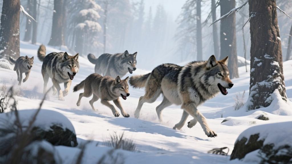 Wolf pack hunting in snowy forest landscape, realistic wildlife simulation game scene, soft natural lighting, detailed animal fur textures, family of wolves working together high quality illustration, detailed, 16:9