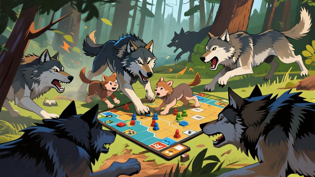 Wolf family defending territory against rival pack, strategic game positioning, dynamic wildlife conflict scene, natural forest environment with tactical elements high quality illustration, detailed, 16:9