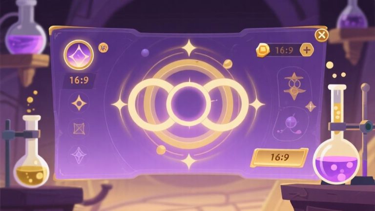 自动生成图片: Abstract alchemy laboratory interface with merging circles and magical elements, soft purple and gold color scheme, clean game UI design, mystical atmosphere high quality illustration, detailed, 16:9