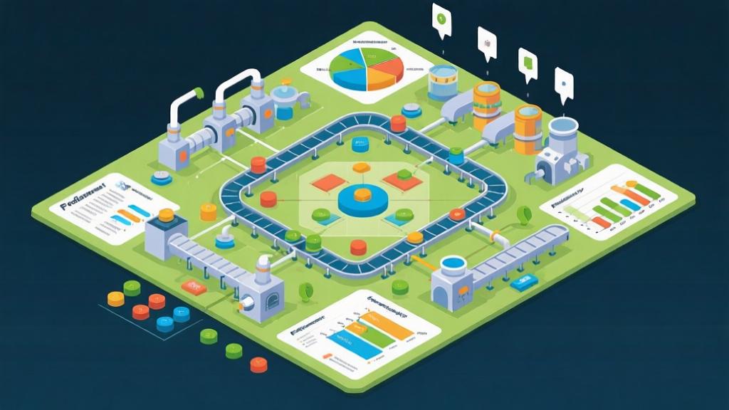 Strategic game layout showing optimized element placement, connected production lines, efficiency diagrams, professional strategy guide visualization high quality illustration, detailed, 16:9