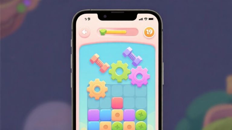 自动生成图片: Minimalist smartphone screen showing colorful match-three puzzle game interface, soft pastel colored bolts and gears, clean game UI design, professional mobile gaming illustration high quality illustration, detailed, 16:9