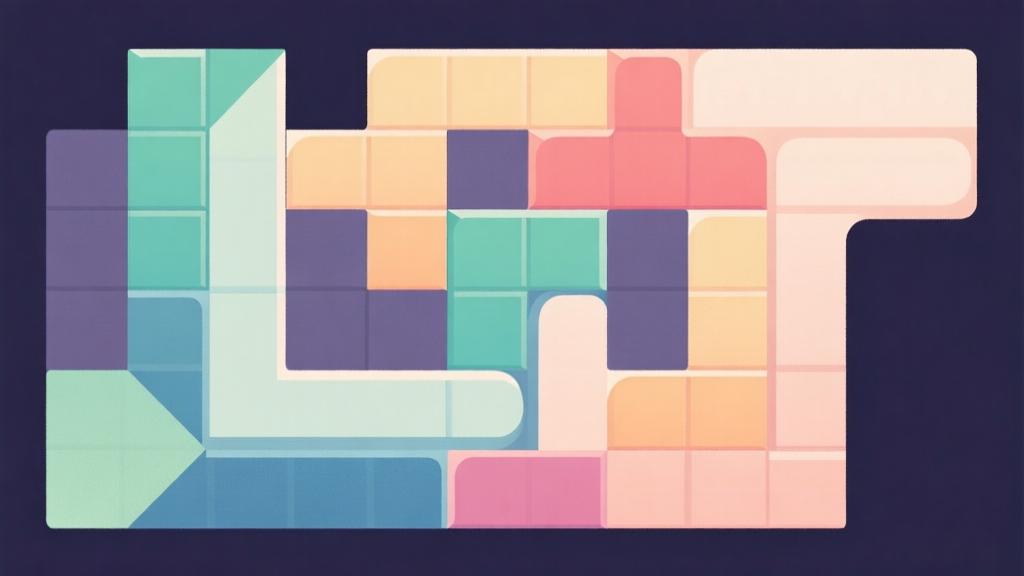 Abstract geometric composition showing special combination patterns in match-three game, L-shaped and T-shaped formations, soft color coding, modern puzzle strategy illustration high quality illustration, detailed, 16:9