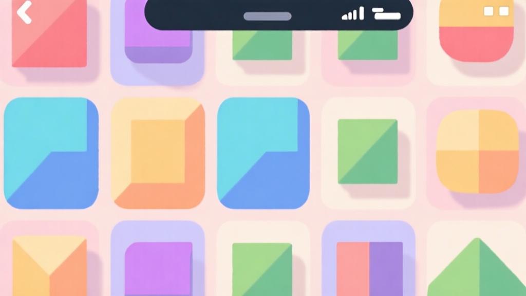 Minimalist game interface illustration showing colorful geometric shapes arranged in grid pattern, soft pastel colors, clean mobile game design aesthetic, subtle shadow effects high quality illustration, detailed, 16:9