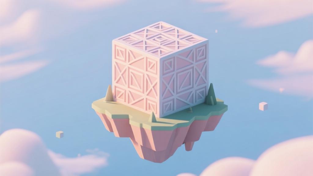 Three-dimensional cube island floating in the sky with intricate geometric patterns, pastel color scheme, soft lighting, digital art style with clean lines and minimalist design high quality illustration, detailed, 16:9