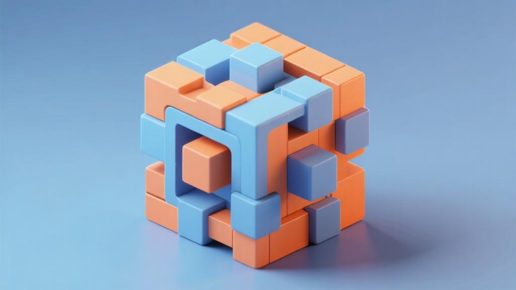 Complex 3D cube puzzle with multiple layers and moving parts, soft blue and orange color palette, abstract geometric composition showing challenge and solution paths high quality illustration, detailed, 16:9