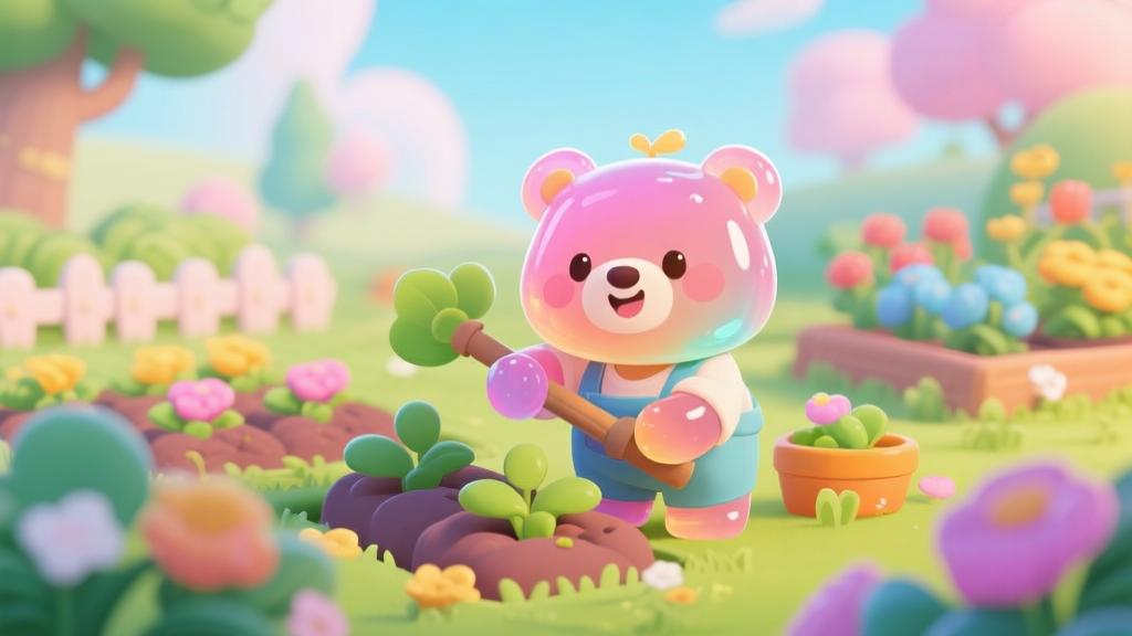 Cute jelly bear character farming in colorful garden, soft pastel colors, cartoon style, cheerful atmosphere, mobile game illustration high quality illustration, detailed, 16:9