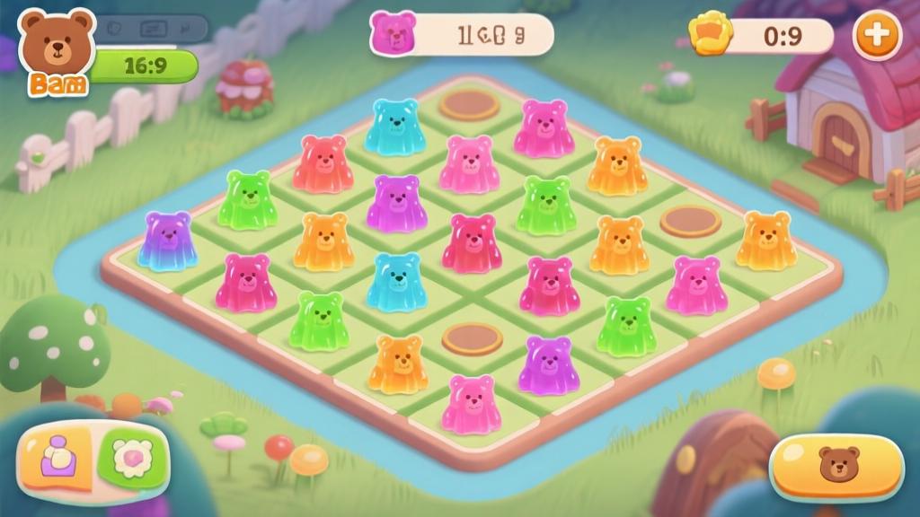 Mobile game interface showing jelly bear farm layout optimization, grid system with colorful jelly bears, strategic placement visualization, soft gaming colors high quality illustration, detailed, 16:9