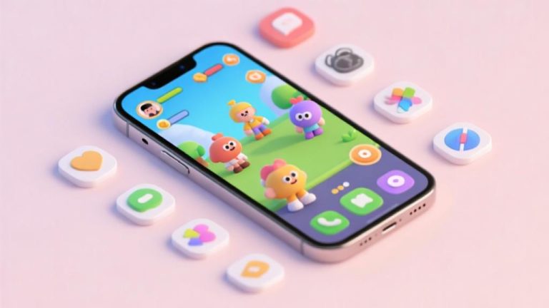 自动生成图片: Modern smartphone displaying colorful 3D game interface with cartoonish characters, soft pastel background, clean app icons arranged around the device, minimalist composition high quality illustration, detailed, 16:9