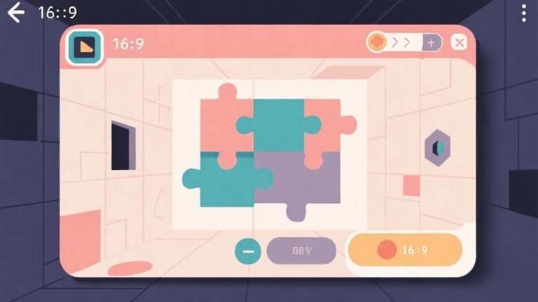 自动生成图片: Minimalist game interface design showing puzzle elements and escape room concept, soft color palette, clean geometric shapes, modern digital illustration style high quality illustration, detailed, 16:9