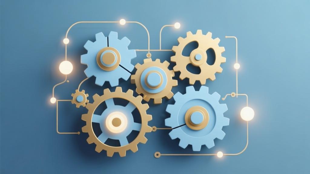 Abstract puzzle mechanism diagram with interconnected gears and light elements, soft blue and gold color scheme, clean lines, modern infographic style high quality illustration, detailed, 16:9