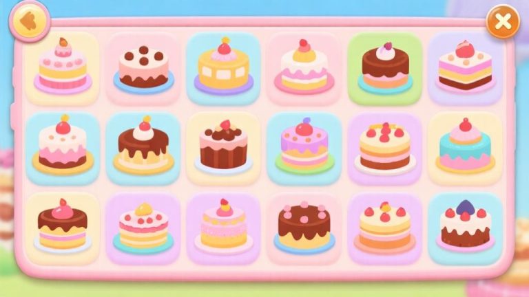 自动生成图片: Colorful game interface showing various types of cakes and desserts arranged in grid pattern, soft pastel colors, clean mobile game design, cheerful baking theme high quality illustration, detailed, 16:9