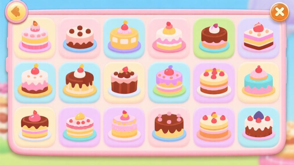 Colorful game interface showing various types of cakes and desserts arranged in grid pattern, soft pastel colors, clean mobile game design, cheerful baking theme high quality illustration, detailed, 16:9