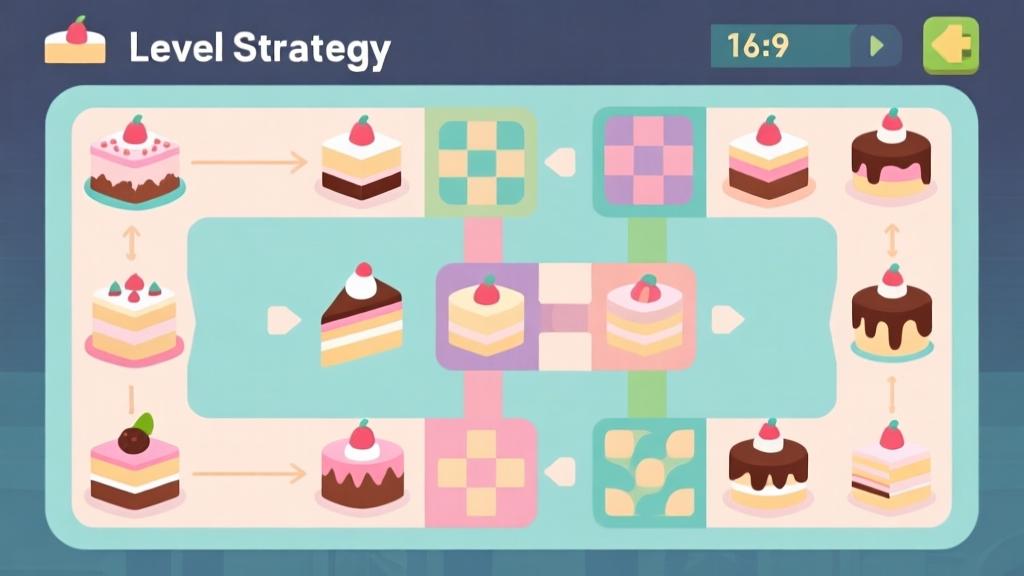 Game level strategy diagram showing different cake combinations and matching patterns, soft color coding for different strategies, clean infographic style high quality illustration, detailed, 16:9