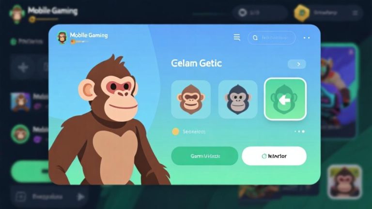 自动生成图片: Modern mobile gaming interface showing primate character selection screen, soft blue and green color scheme, clean minimalist design, professional gaming app visualization high quality illustration, detailed, 16:9