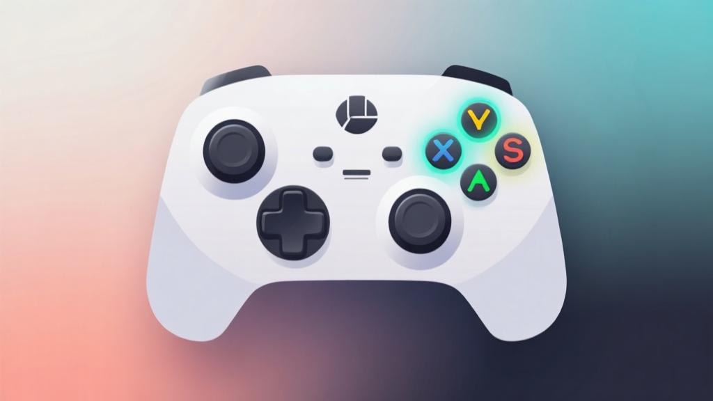 Abstract gaming controller interface with highlighted button combinations, soft gradient background, minimalist design, professional gaming tutorial visualization high quality illustration, detailed, 16:9
