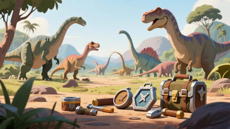 自动生成图片: Detailed prehistoric landscape with various dinosaurs in the background, survival inventory items in foreground, soft natural lighting, cartoon-realism style high quality illustration, detailed, 16:9