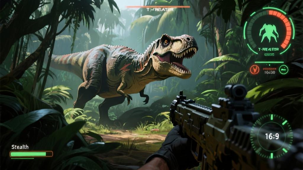 Stealth gameplay scene showing player hiding from T-Rex in jungle environment, visual indicators for predator detection meter, dynamic lighting high quality illustration, detailed, 16:9