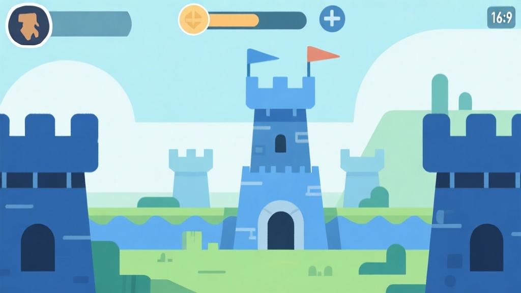 minimalist game interface illustration showing tower defense elements with simple geometric shapes, soft color palette with blues and greens, clean layout design high quality illustration, detailed, 16:9