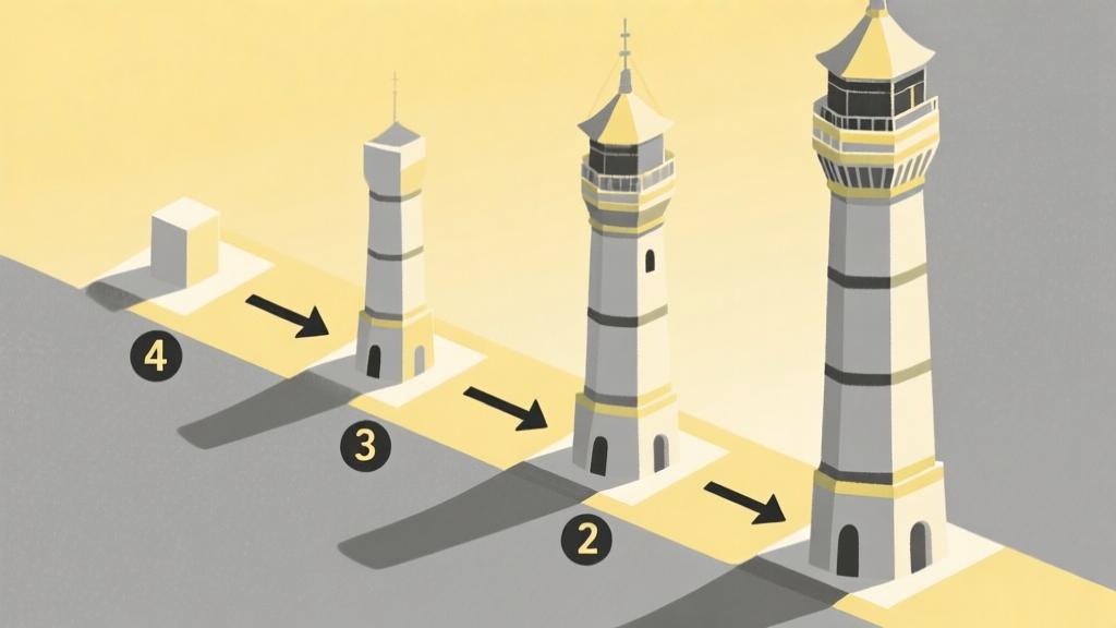 step-by-step illustration showing tower placement strategy with numbered sequences, soft yellow and gray color scheme, clear directional arrows high quality illustration, detailed, 16:9