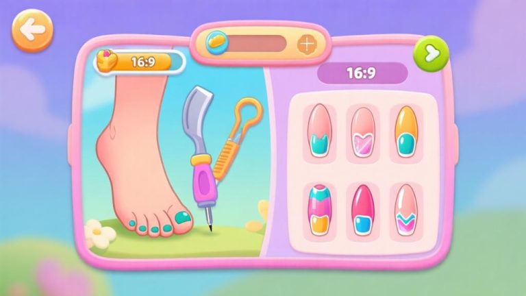 自动生成图片: Colorful mobile game interface showing foot care tools and nail art designs, soft pastel color palette, cartoon style illustration high quality illustration, detailed, 16:9