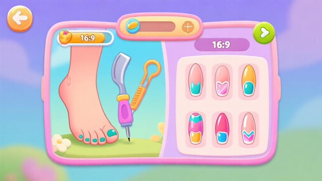 Colorful mobile game interface showing foot care tools and nail art designs, soft pastel color palette, cartoon style illustration high quality illustration, detailed, 16:9