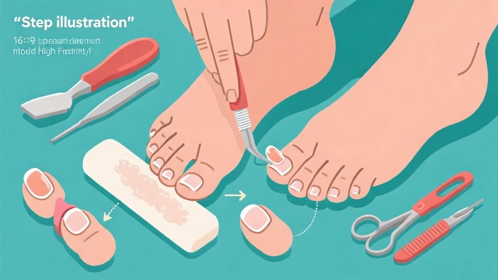 Step-by-step illustration of foot nail care process, showing tools and progression stages, educational infographic style high quality illustration, detailed, 16:9