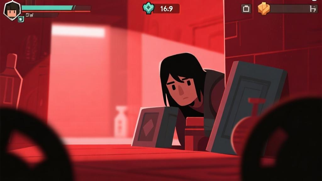 Game interface showing character hiding behind objects in a red-themed environment, soft lighting, minimalist design high quality illustration, detailed, 16:9