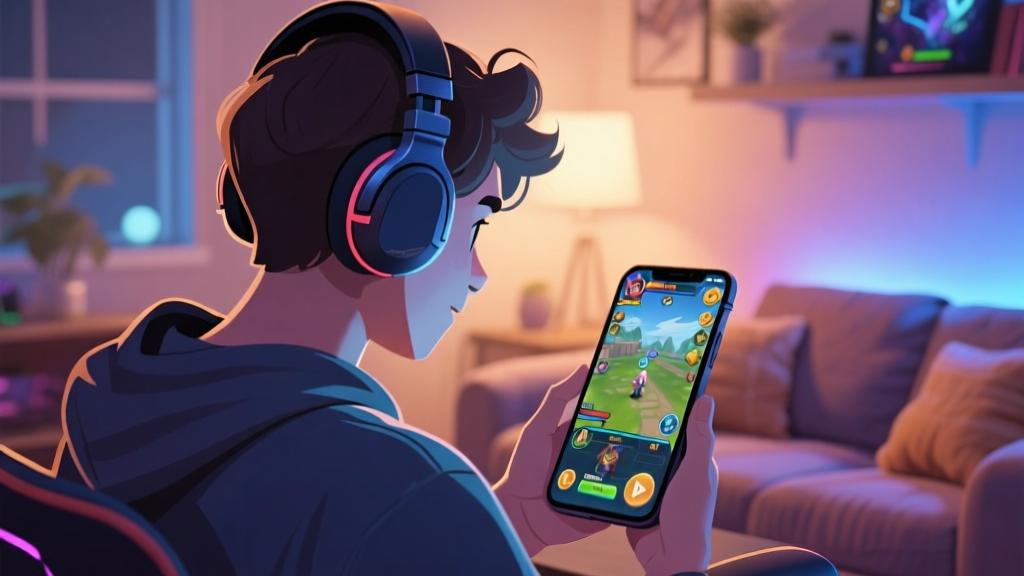 Player wearing headphones while looking at mobile screen with game interface, cozy gaming setup with soft lighting high quality illustration, detailed, 16:9