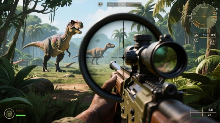 自动生成图片: Game interface screenshot showing dinosaur hunting scene with sniper rifle scope view, prehistoric jungle environment, detailed dinosaur models in distance high quality illustration, detailed, 16:9