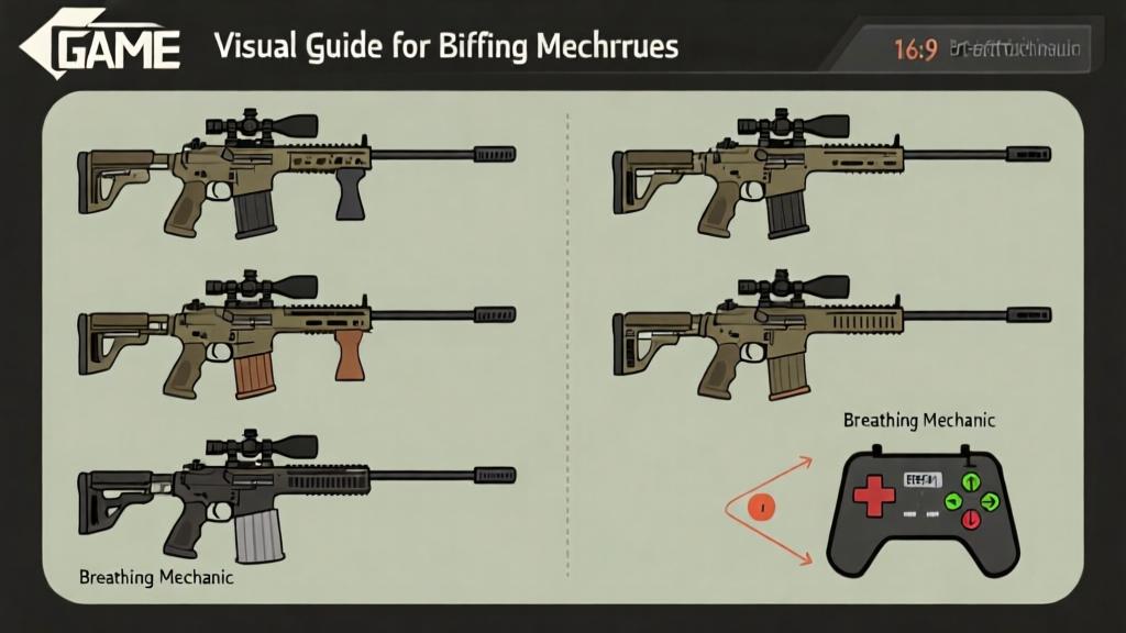 Game control diagram showing different shooting positions and breathing mechanic indicator, visual guide for sniper rifle handling techniques high quality illustration, detailed, 16:9