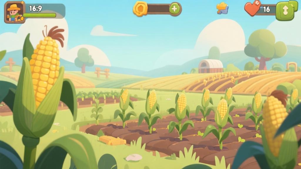 Game interface showing corn farm landscape with growing plants, soft color palette, cartoonish farming game style, peaceful agricultural scene high quality illustration, detailed, 16:9