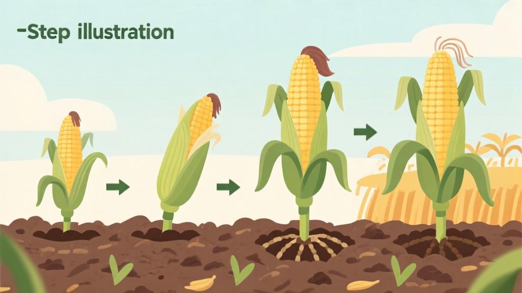 Step-by-step illustration of corn planting process from soil preparation to harvesting, educational infographic style with soft colors high quality illustration, detailed, 16:9